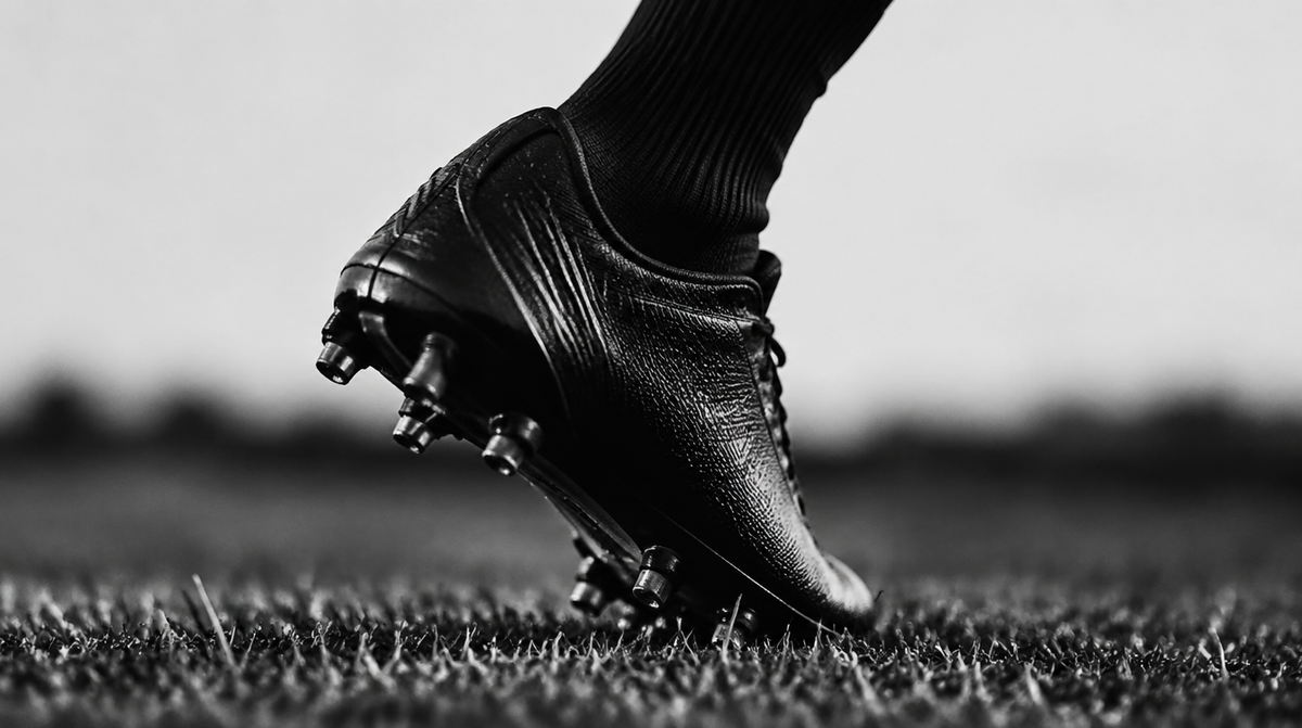 Gros plan noir et blanc d'une chaussure à crampons de football/rugby sur herbe - UnifitPro