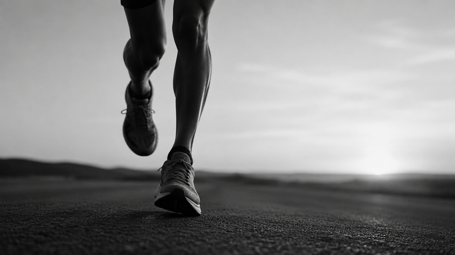 Gros plan noir et blanc des jambes et pieds d'un coureur en pleine foulée sur route - UnifitPro