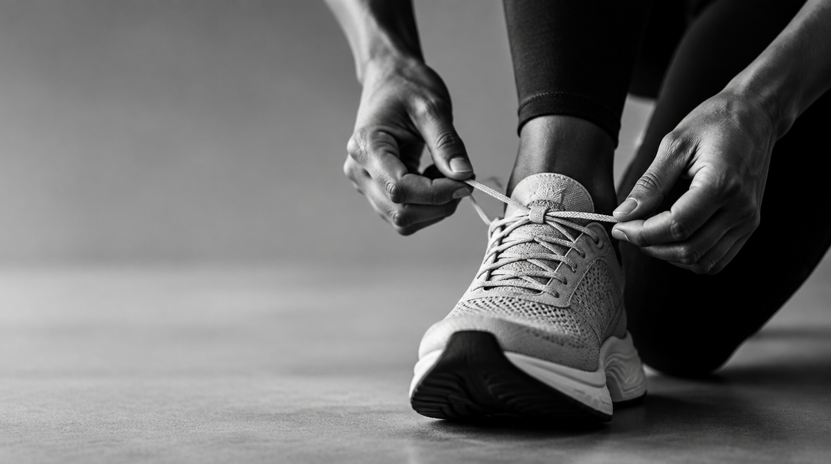 Gros plan noir et blanc de mains laçant une chaussure de sport - UnifitPro