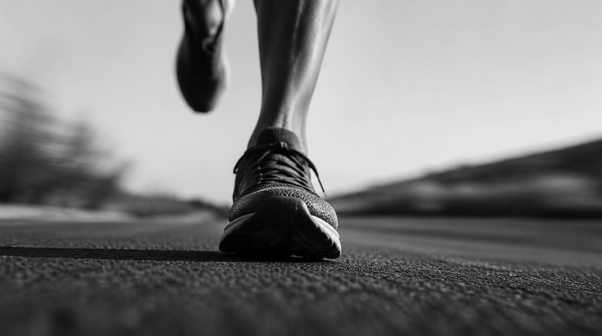 Gros plan noir et blanc du pied d'un coureur en appui au sol - UnifitPro