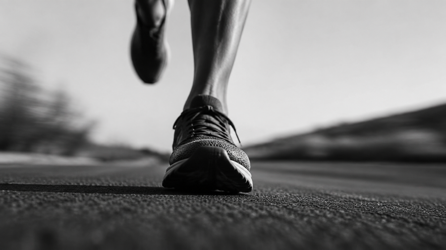 Gros plan noir et blanc du pied d'un coureur en appui au sol - UnifitPro