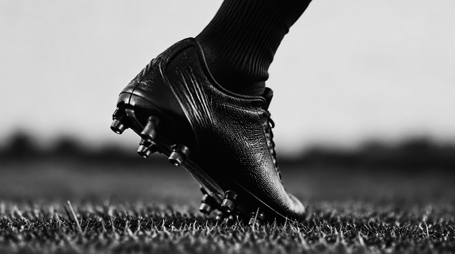 Gros plan noir et blanc d'une chaussure à crampons de football/rugby sur herbe - UnifitPro