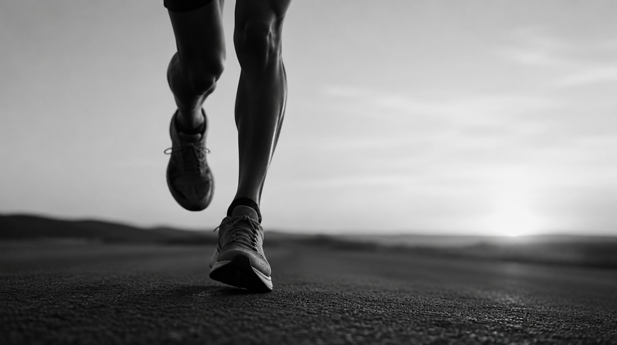 Gros plan noir et blanc des jambes et pieds d'un coureur en pleine foulée sur route - UnifitPro