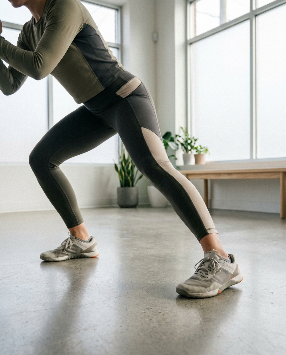 Sportive en déplacement latéral dans une salle lumineuse