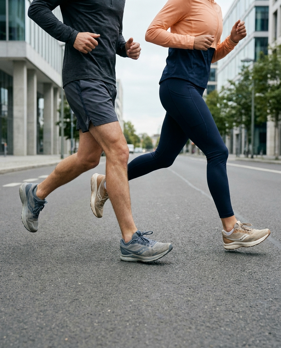Deux coureurs en mouvement sur une route urbaine
