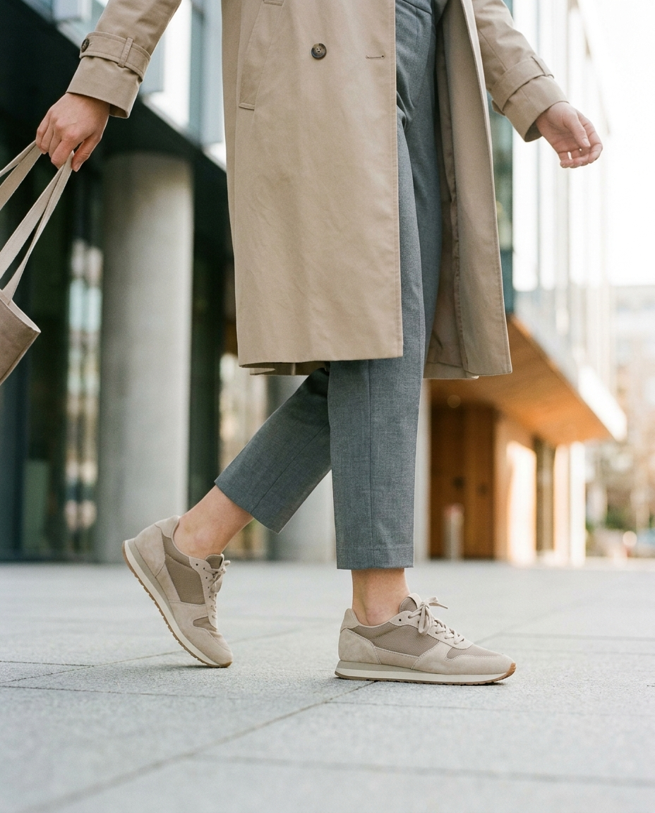 Femme marchant en sneakers dans un environnement urbain